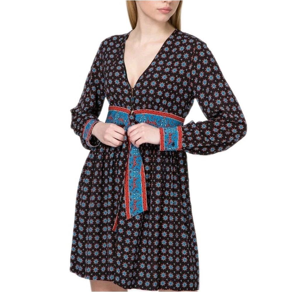 SANDRO Cate Dress Women's (EU) 34 US-S Long Sleeve Patterned V-Neck‎ Mini Satin